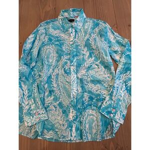 G26 Talbots Petite Blue White Paisley Batik Button‎ Down Shirt Blouse SP lght